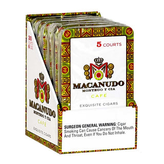 Macanudo Cafe cigars with colorful design and warning label.