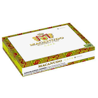 Macanudo Cafe cigar box with colorful design on a white background