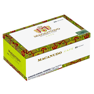 Macanudo Cafe cigar box with colorful design on a white background