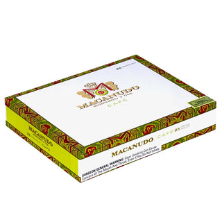 Macanudo Cafe cigar box with colorful design on a white background