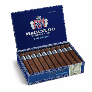 Box of Macanudo Cru Royale cigars on white background