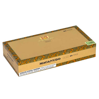 Box of Macanudo Gold Label cigars with decorative patterns on a white background