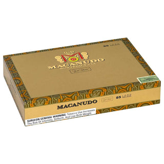 Box of Macanudo Gold Label cigars with decorative patterns on a white background