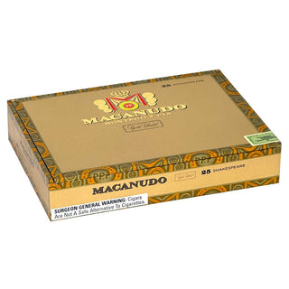 Box of Macanudo Gold Label cigars with decorative patterns on a white background