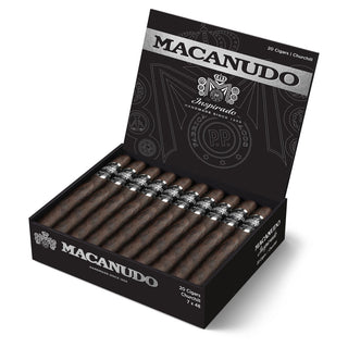 Box of Macanudo Inspirado Black cigars on a white background