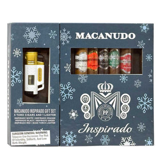 Macanudo Inspirado gift set packaging with cigars and lighter on a white background