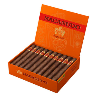 Box of Macanudo Inspirado Orange cigars with an orange wrapper on a white background
