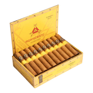 Open box of Montecristo Classic cigars with yellow lid and wooden base.