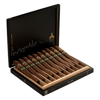 Open black cigar box with cigars inside on a white background