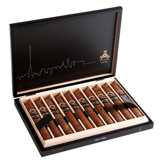 Open Montecristo Connoisseur Edition New York cigar box with cigars on a white background
