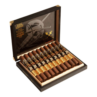 Open box of cigars with a brand logo on a white background