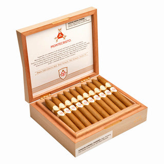 Open wooden cigar box with Montecristo M cigars on a white background