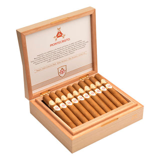 Open wooden box of Montecristo M cigars with cigars inside on a white background