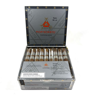 Montecristo Platinum Series cigars in an open box on a white background