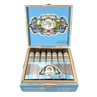 Open My Father Blue cigar box with cigars inside on a white background