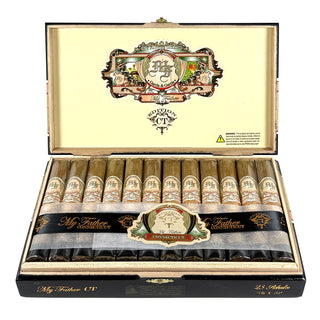Open box of My Father Connecticut Robusto cigars with visible branding on a white background