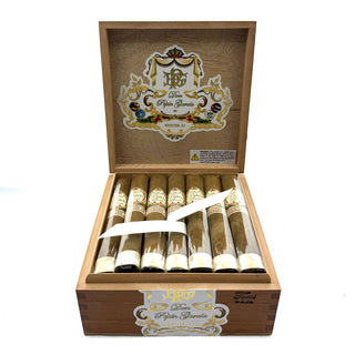 Open wooden box of My Father Don Pepin cigars on a white background