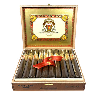 Open wooden box of My Father El Centurion cigars with a red ribbon on a white background.