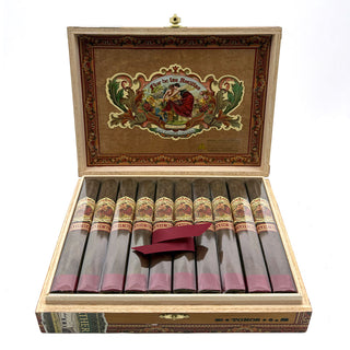 Open wooden cigar box with My Father Flor de Las Antillas Maduro cigars on a white background
