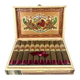 Decorative wooden box of My Father Flor de Las Antillas cigars on white background