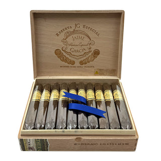 Open wooden box of My Father Jaime Garcia Reserva Especial cigars with cigars inside on a white background.