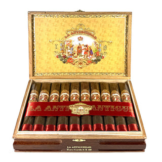Open wooden box of My Father La Antiguedad cigars on a white background