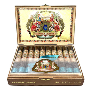Open wooden box of My Father La Gran Oferta Robusto cigars with white background
