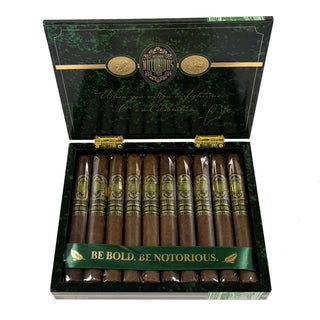 Open box of cigars with a green and gold design, featuring the brand 'Notorious'.