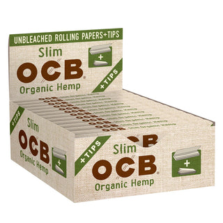 Box of OCB Organic Hemp rolling papers with green and brown design on a white background