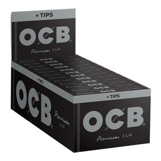OCB Premium rolling paper box with black and gray design