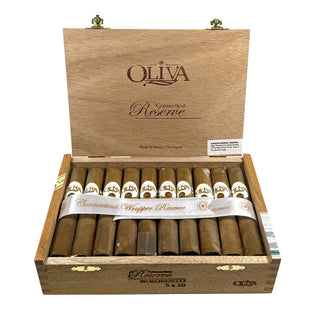 Wooden box of Oliva Connecticut Reserve cigars on a white background