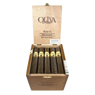 Box of Oliva Serie G cigars with wooden box on a white background