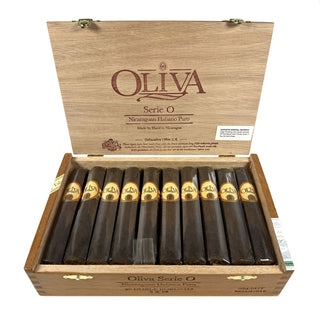 Open wooden box of Oliva Serie O Maduro cigars on a white background