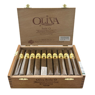Open wooden box of Oliva Serie O cigars on a white background