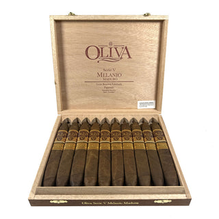 Box of Oliva Serie V Melanio Maduro Figured cigars with cigars inside on a white background