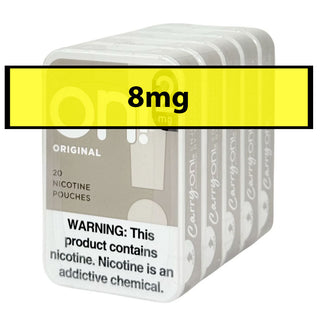 Pack of On nicotine pouches with '8mg' label and warning text on a white background