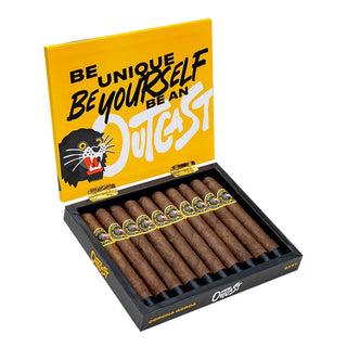 Box of cigars with a yellow lid featuring text and a logo on a white background