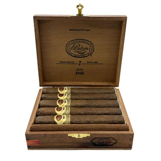Wooden humidor with Padron 1926 Series Maduro cigars and Padron logo on a white background