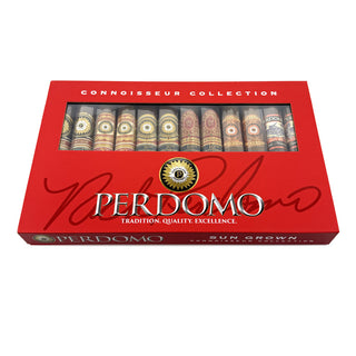 Perdomo Connoisseur Collection red box with cigars inside on a white background