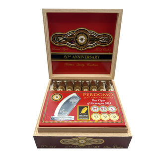 Perdomo 20th Anniversary cigar box with cigars inside on a white background