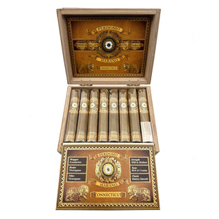 Open wooden cigar box with Perdomo Habano Bourbon Barrel Aged Connecticut cigars on a white background