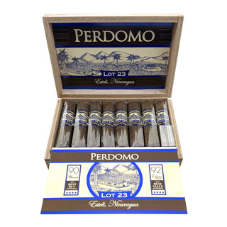 Perdomo Lot 23 Maduro cigars in an open wooden box on a white background