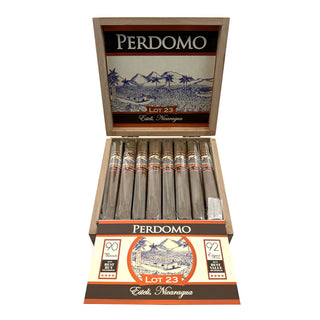 Perdomo Lot 23 Sun Grown cigars in an open box on a white background