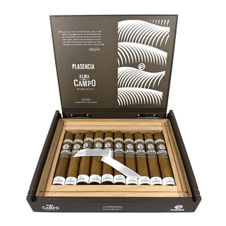 Open box of Plasencia Alma Del Campo cigars with cigars inside on a white background