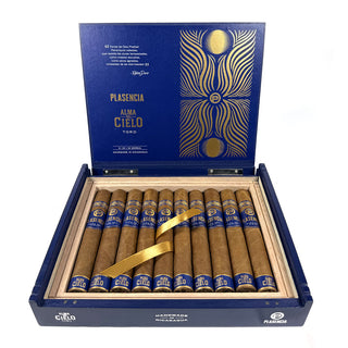 Open box of Plasencia cigars with cigars inside on a white background