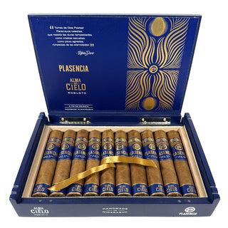 Open box of Plasencia cigars with blue and gold design