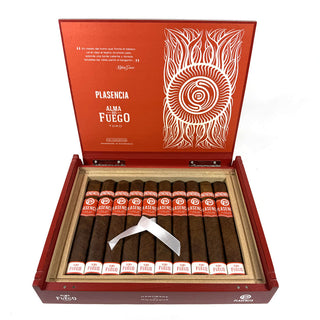 Open box of Plasencia Alma Del Fuego cigars with cigars inside on a white background