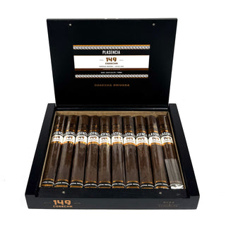 Open box of Plasencia Cosecha 149 Azacualpa Toro cigars with cigars inside on a white background