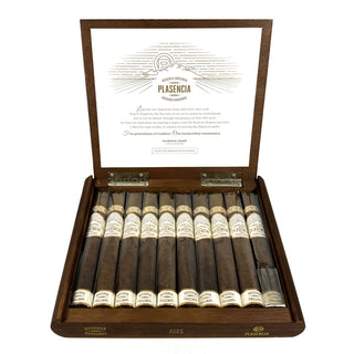 Open wooden humidor displaying Plasencia Reserve Original cigars with a white background