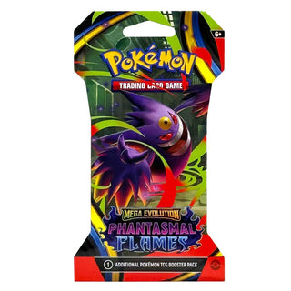 Pokémon trading card game booster pack with Mega Evolution Phantasmal Flames on a white background